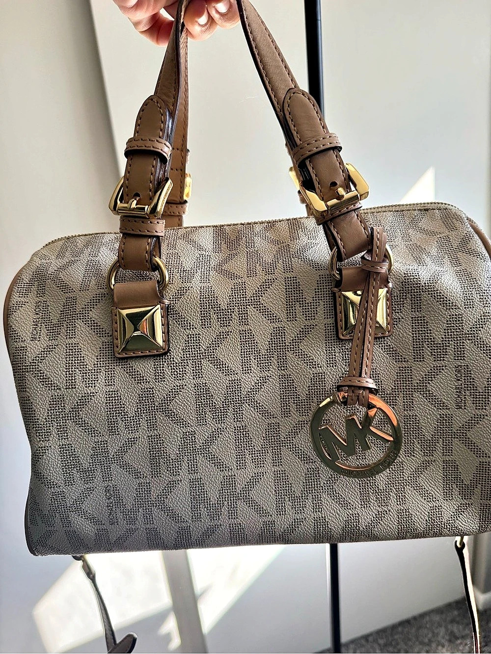 Michael Kors Madison Monogram Satchel in Vanilla